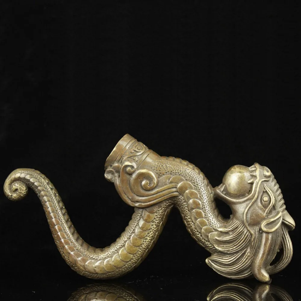 Старый ручная работа Резной орнамент Бронзовый Редкие Дракон Статуя тростника