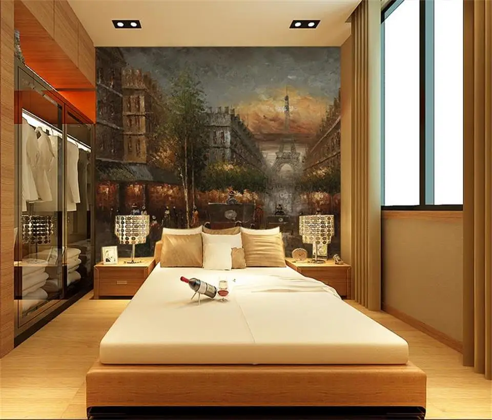 3d обои на заказ фото Гостиная росписи Париж Эйфелева башня Пейзаж маслом фоновая