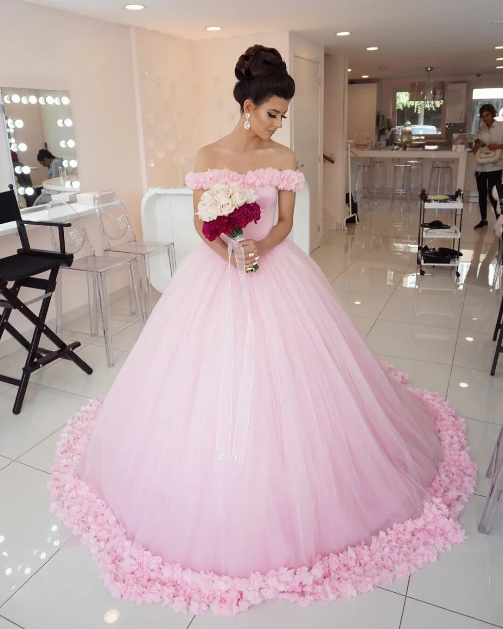 Vestido noiva бальное платье розовое свадебное вырез лодочкой цветок открытая спина