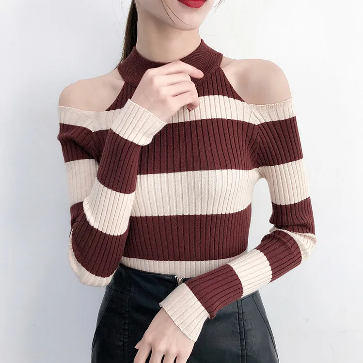 beige brown Colorfaith, женские пуловеры, свитер,, вязанный, осень, весна, в полоску, джемпер, трикотаж, с открытыми плечами, элегантные женские топы, SW367 - Цвет: beige brown