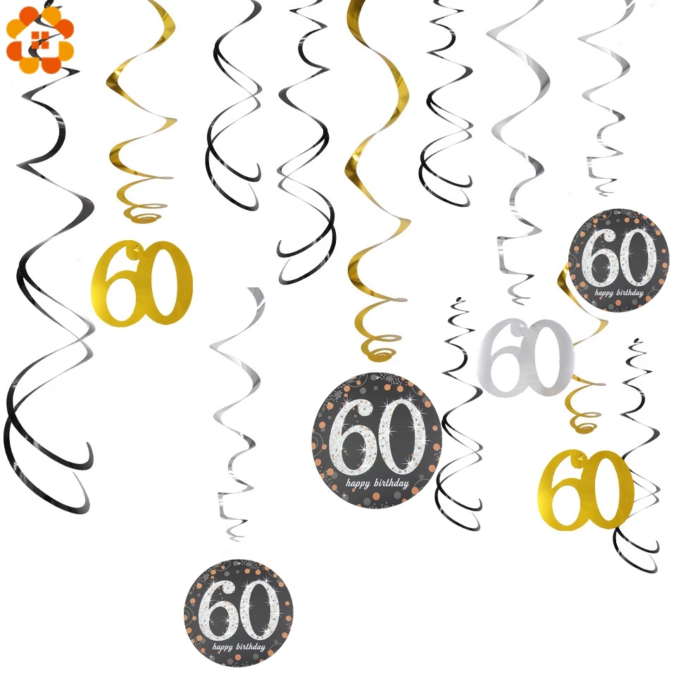12PCS/Set Happy 18/30/40/50/60 Birthday Party Ceiling Hanging Swirl DIY Metallic Pendant Adult Decoration | Дом и сад