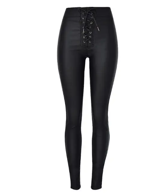 

Women High Waist Pants Slim Skinny Elastic Faux Leather Pants Lace-Up Denim Pants Pu Leather Pencil Pants Trousers Women D117