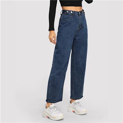 Navy SweatyRocks, широкие женские джинсы на пуговицах, уличная одежда, одноцветные длинные джинсовые штаны с высокой талией,, летние синие повседневные свободные джинсы - Цвет: Navy