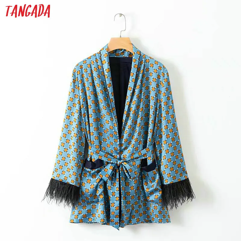 Tangada кимоно с перьями женское кимоно мятный жакет жакет с поясом мятный кардиган голубой кардиган шелковое кимоно женский пиджак женский жакет XD312