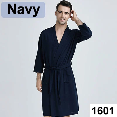 Men Navy Мужской Халат размера плюс до колена, банный халат, летнее сексуальное вафельное кимоно, мужской халат, однотонный вязаный Халат - Цвет: Men Navy