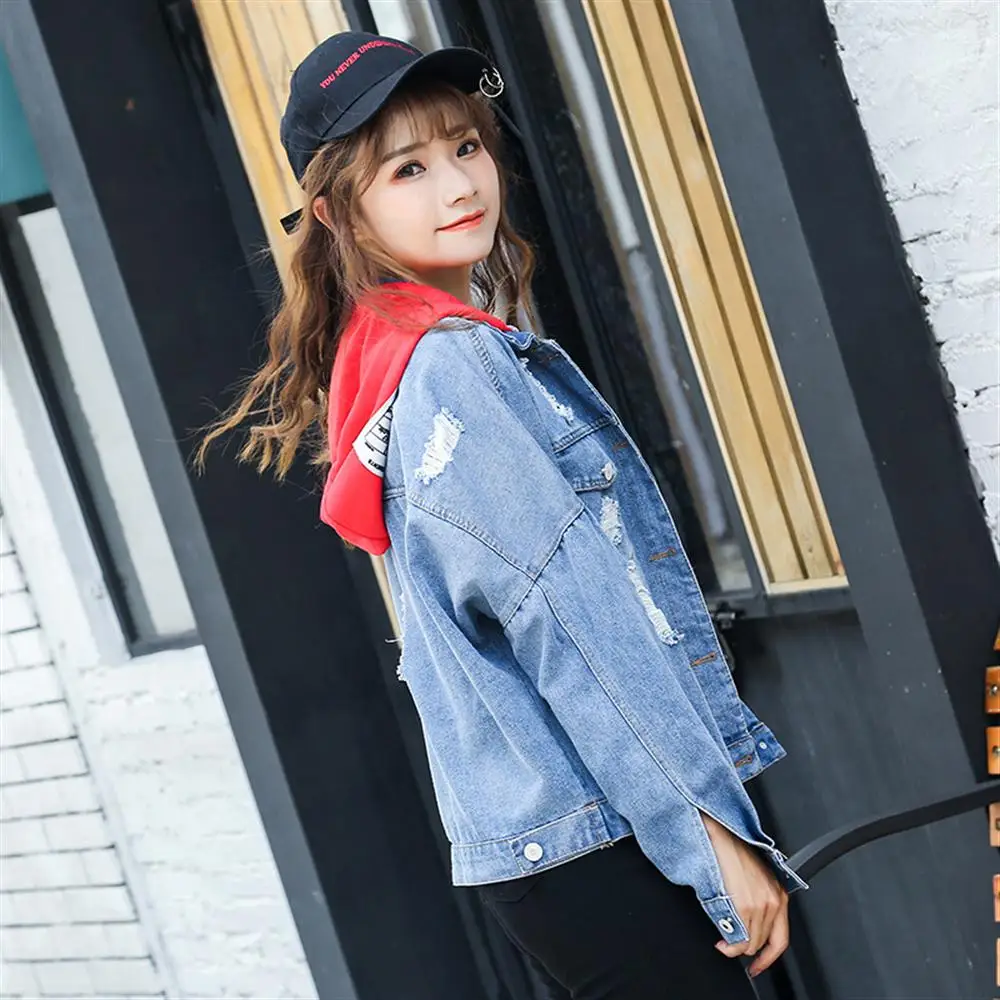 2018 spring autumn new long sleeve jeans coat holes removeable hat women denim jackets fashion letters girl hip hop jacket | Женская