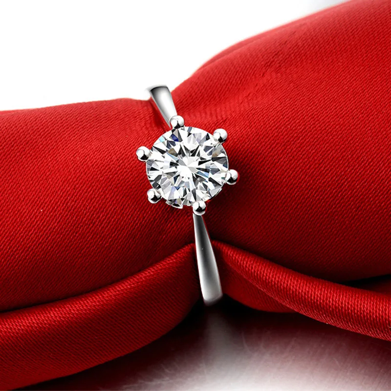 Solitaire CZ Stone Engagement Ring Six Prong Settings 6mm Shiny Genuine 925 Sterling Silver Jewelry Marriage Gift for Wife Lover | Украшения