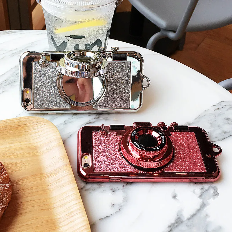 Shining Glitter Powder Camera Stand Phone Case For coque iphone X XR XS MAX 6 6s 7 8 PLUS cape Hide Makeup Mirror Cover+Lanyard |