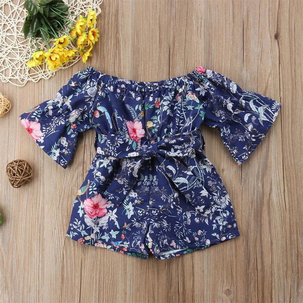 Платье для маленьких девочек Сезон лето 2019 с открытыми плечами Цветочный принт
