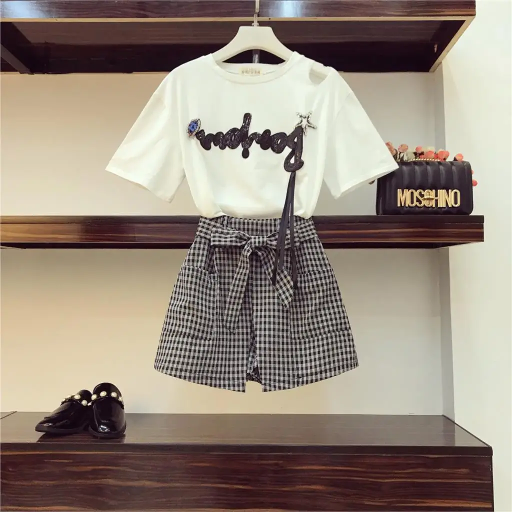 Новинка 2018 года летняя мода студентов костюмы блёстки письмо короткий рукав