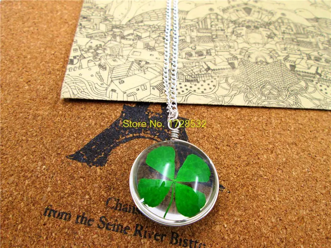 Ожерелье с кулоном из прозрачного стекла 12 шт./лот 25 мм|glass pendant necklace|four leaf clover