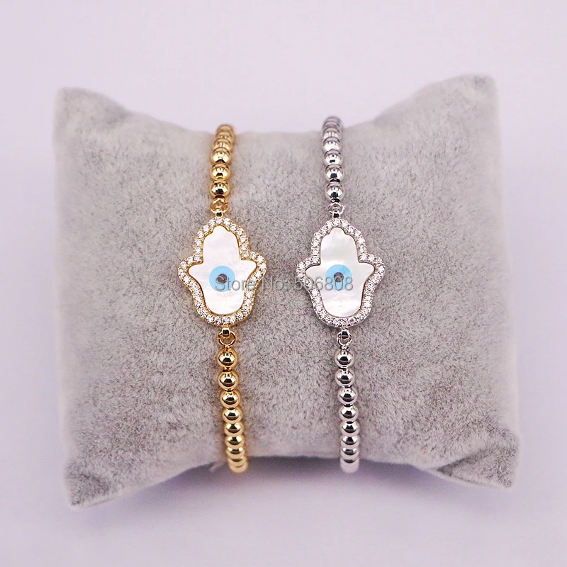 

10PCS Zyunz Jewelry Hamsa Fatima Hand charm Bead Bracelet Micro Pave CZ Eye Shell Connector Bracelets Men's Couple Bracelet