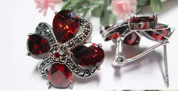 Серьги из серебра 925 пробы с гранатом и цветком сливы|silver earrings|sterling silver earring925 sterling