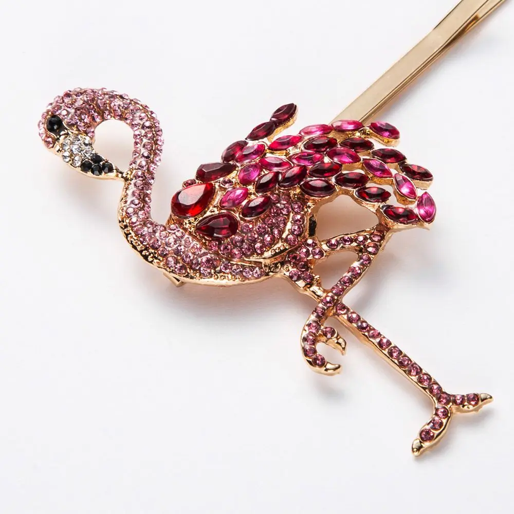 

2021 New Fashion 1 Set Flamingo Rhinestones Hairgrip Red Crystal Hair Clips Metal Barrette Women Party Wedding Hair Accessories
