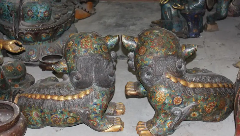 22&quotOld Rare Feng Shui Cloisonne Enamel Gilt Foo Fu Dog Guardion Lion Pair Statue | Дом и сад