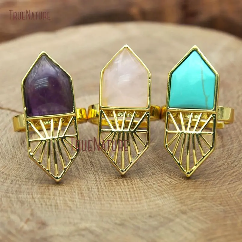 

New Design Hexagon Shape Synthetic Turquoises Rose Quartzs Amethysts Stone Gold Electroplated Adjustable Rings RM10114