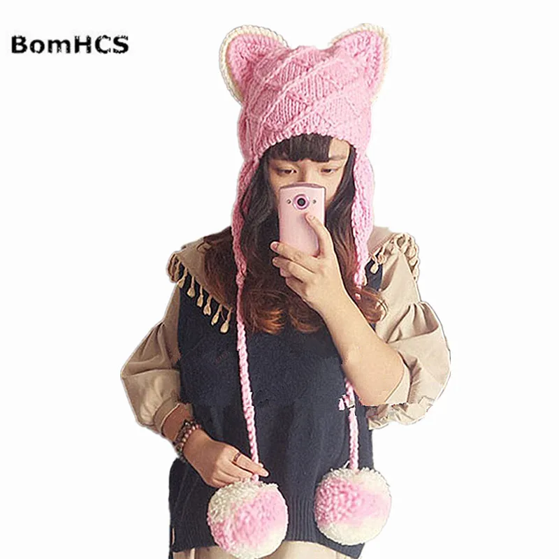 Женская зимняя теплая вязаная шапка BomHCS розовая Милая с кошачьими ушками |