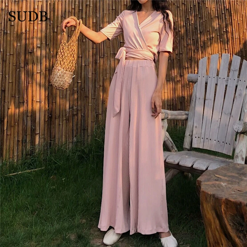 SUDB Two Piece Set Top And Pants Crop Wide Leg 2 Sets Women Tracksuits Outfits Trousers | Женская одежда