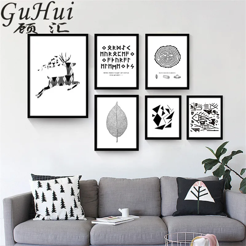 Nordic Black White Geometric Shapes Leaf Abstract Annual Ring Cartoon Wall Pictures Text Living Room Decor Elk Painting Poster|painting poster|wall