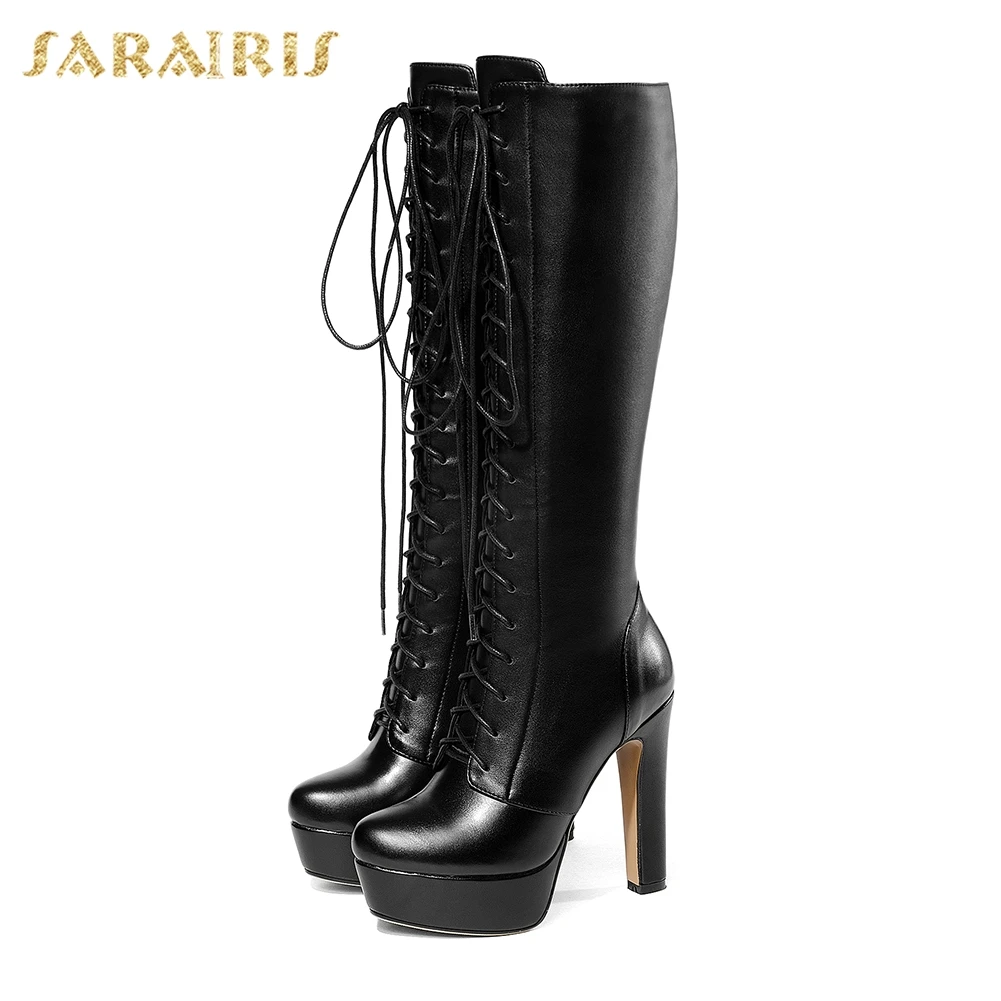 SARAIRIS genuine leather shoelaces plus size 34-43 platform women's Boots Women Shoes Spike High Heels Woman Shoes boots