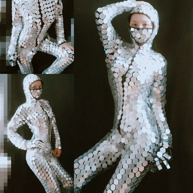 

Женский комбинезон с серебристыми зеркальными линзами, боди с блестками и длинным рукавом для певицы, диджея, подиума, костюмы сценическая ...