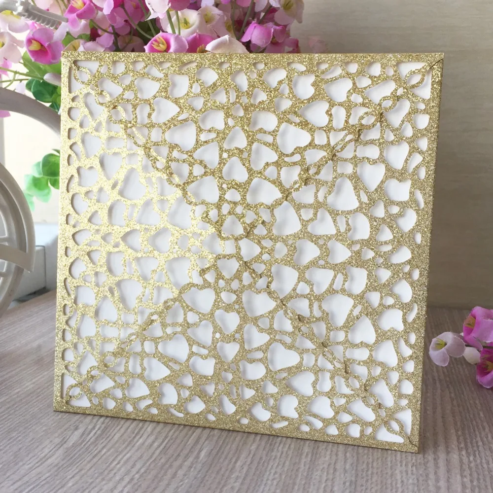 

50Pcs Laser Cut Pearlescent paper Heart Four folded Wedding Invitation Card Hollow Laser Cut Wedding Party Guest Invitation card
