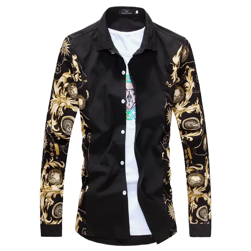 Мужская рубашка с длинным рукавом черные и Золотые рубашки принтом белая мужские