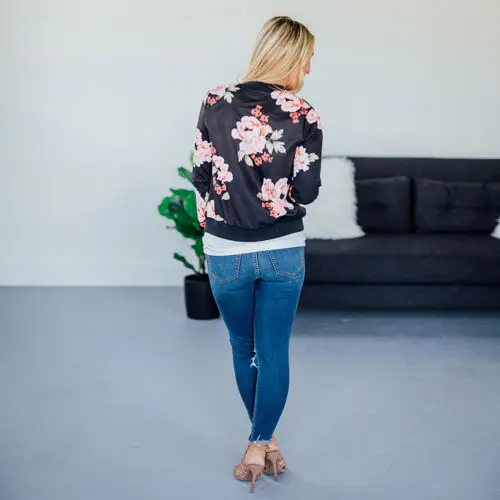 

Women's Fashion Coat Ladies Retro Floral Zipper Up Bomber Jacket Casual Coat New