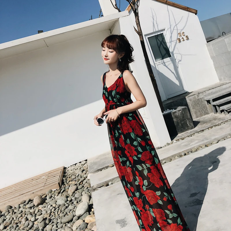 Женское платье с цветочным принтом MUMUZI черное пляжное на бретельках из шифона