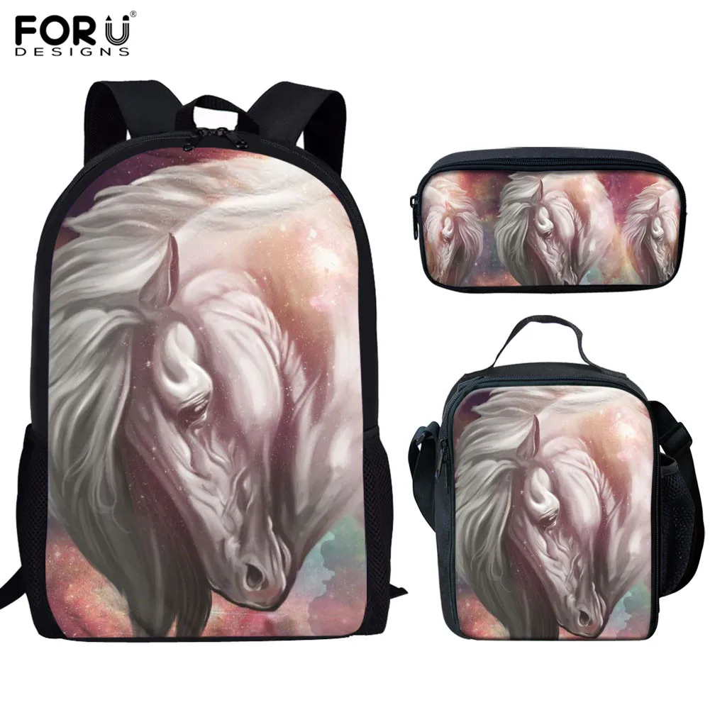

FORUDESIGNS Fashion Women School Bags for Boys Girls 3D Horse Printing 3pcs Schoolbag Bookbag Durable Campus Lunch Pen Backpack