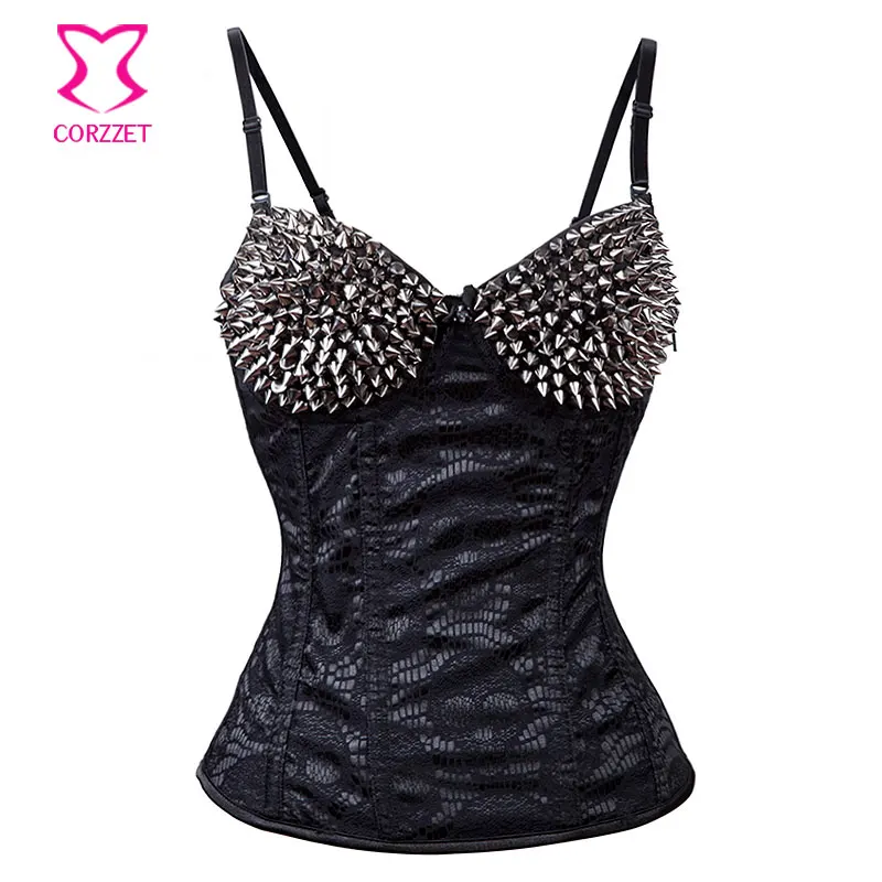 Черный/серебристый Спайк Заклепки Шпильки ремень Overbust корсет стимпанк Корсеты и