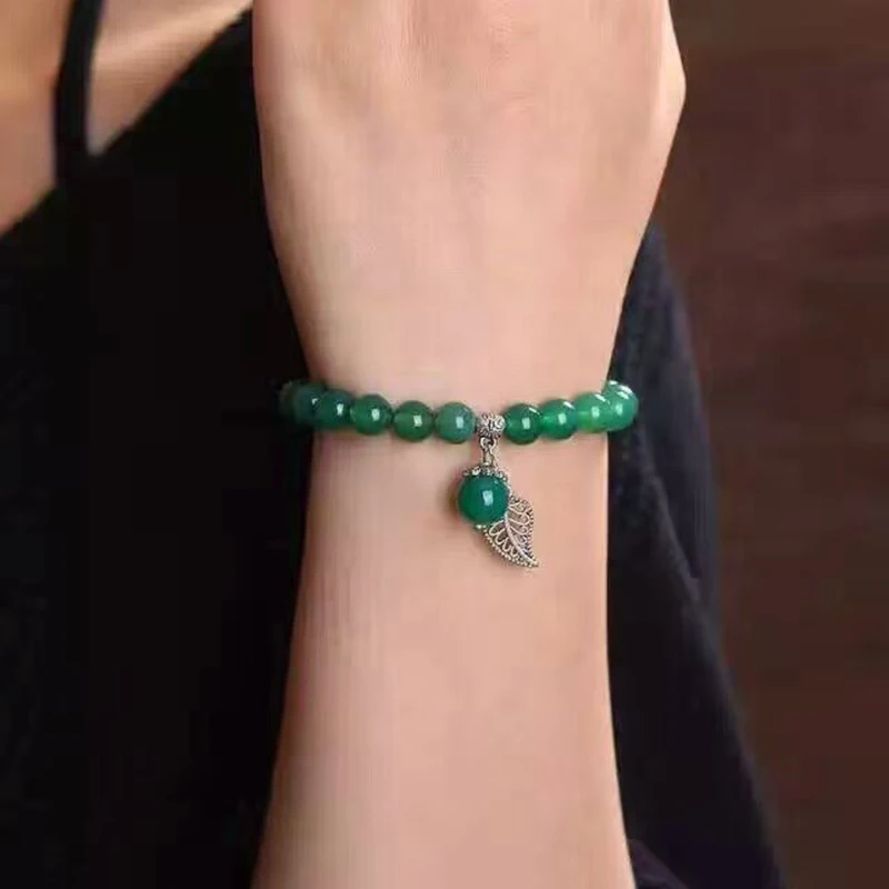 Green Crystal Bracelets Round 8mm Beads Lucky Tibetan Silver Leaf Transfer Ball Pendant for Women Girl Bracelet | Украшения и