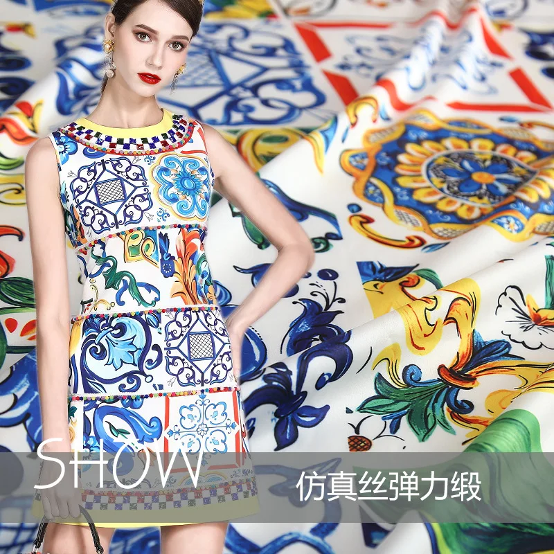 

2018 new flower pattern imitation silk elastic satin/cotton polyester floral digital printing fashion fabric wholesale stock