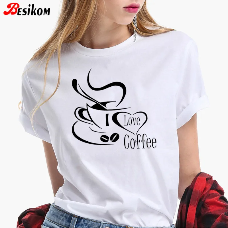 Женская футболка из 100% хлопка с надписью I Love Coffee Besikom однотонная тонкая уличная