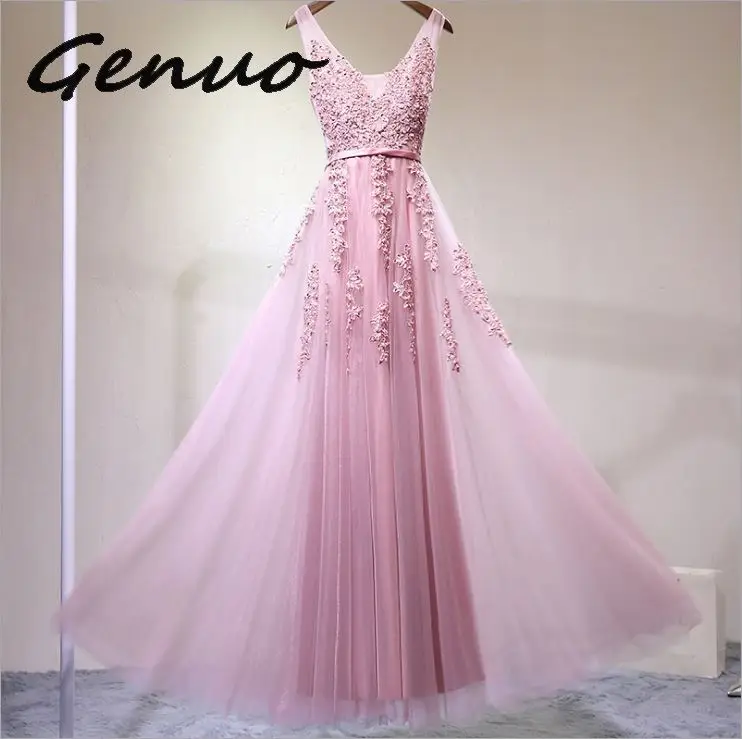 Genuo Новое сексуальное платье с v-образным вырезом Robe De Soiree Высокое качество Серый Тюль с аппликацией платья настоящая фотография vestido de festa