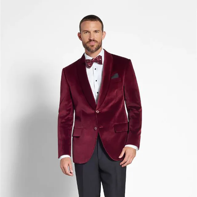 Мужской вельветовый костюм бордового цвета с черными штанами формальный мужской