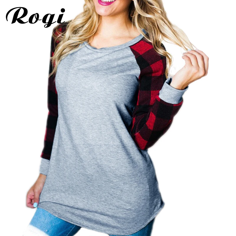 Rogi Female T-Shirts Casual Long Sleeve T Shirt Women 2019 Fashion Plaid Patchwork Baseball Tops Tee Femme Camiseta Mujer | Женская