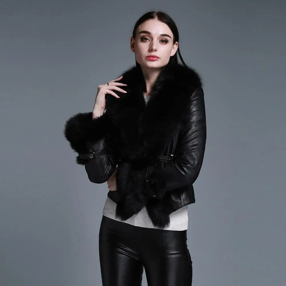 All Black Натуральном овечьем кожаная куртка куртки меховой воротник лиса и отделка пальто женские одежды 4 вида цветов 010213 - Цвет: All Black