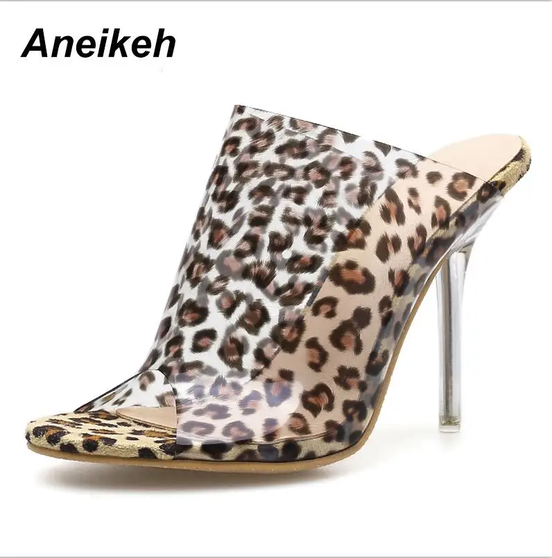 Leopard Print Aneikeh/Большие размеры 41, 42, сандалии с леопардовым принтом, женские прозрачные шлепанцы на высоком каблуке с открытым носком, прозрачные Босоножки на каблуке - Цвет: Leopard Print