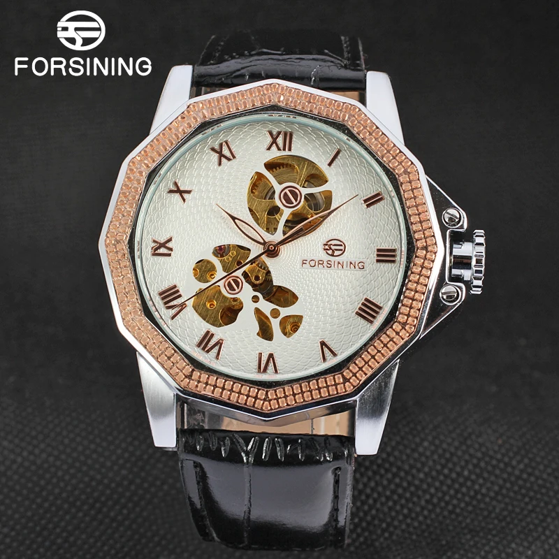 Мужские автоматические механические часы FORSINING черные с многогранным
