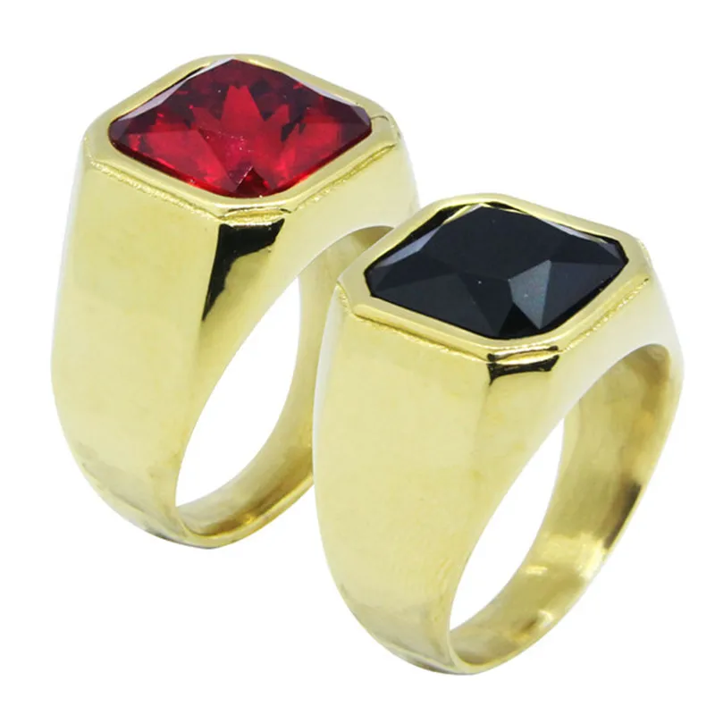 Size 7-14 Newest Golden Plated Rhinestone Ring 316L Stainless Steel Jewelry Unisex Red Black Stone | Украшения и аксессуары