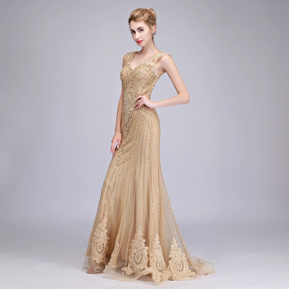 SSYFashion высокого класса Русалка вечернее платье Роскошные Шампанское золотые кружева аппликации Бисер рыбий хвост v-образным вырезом Пром вечерние платье