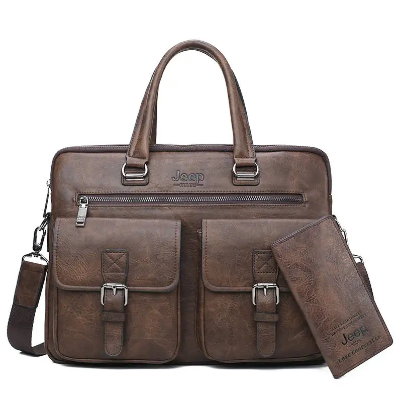 Brown 8001-8888 Мужской комплект портфель и кошелек jeep buluo, оранжевый портфель для ноутбука 13,3 д., кожаная сумка для офиса, деловой портфель для документов, сумка через плечо, все сезоны - Цвет: Brown 8001-8888