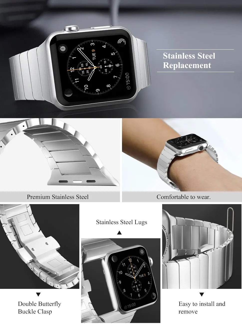 Роскошный браслет из нержавеющей стали для часов Apple Watch 4, 3, 2, 1, 38 мм, 42 мм, ремешок для браслета iwatch 40 мм, 44 мм, застежка-бабочка