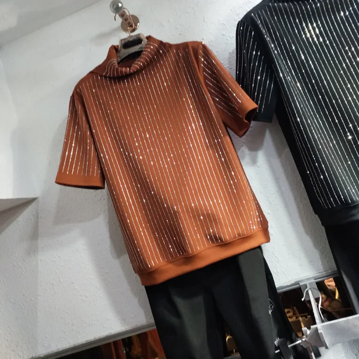 Размера плюс 4XL Весенняя мода Хай-стрит Стиль Для женщин Стразы блестками blingin' с высоким, плотно облегающим шею воротником, футболка, пуловеры, футболки