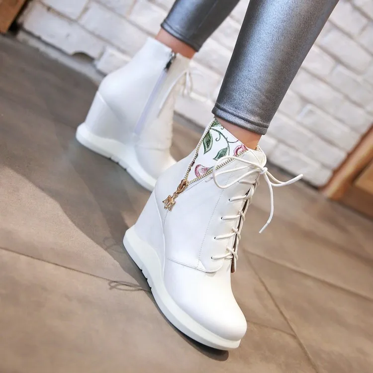 Womens Shoes Floral Printed Wedge High Heel Platform Ankle Boots PU Leather Casual Sneakers Side Zip 3Colors Korean Style A1168