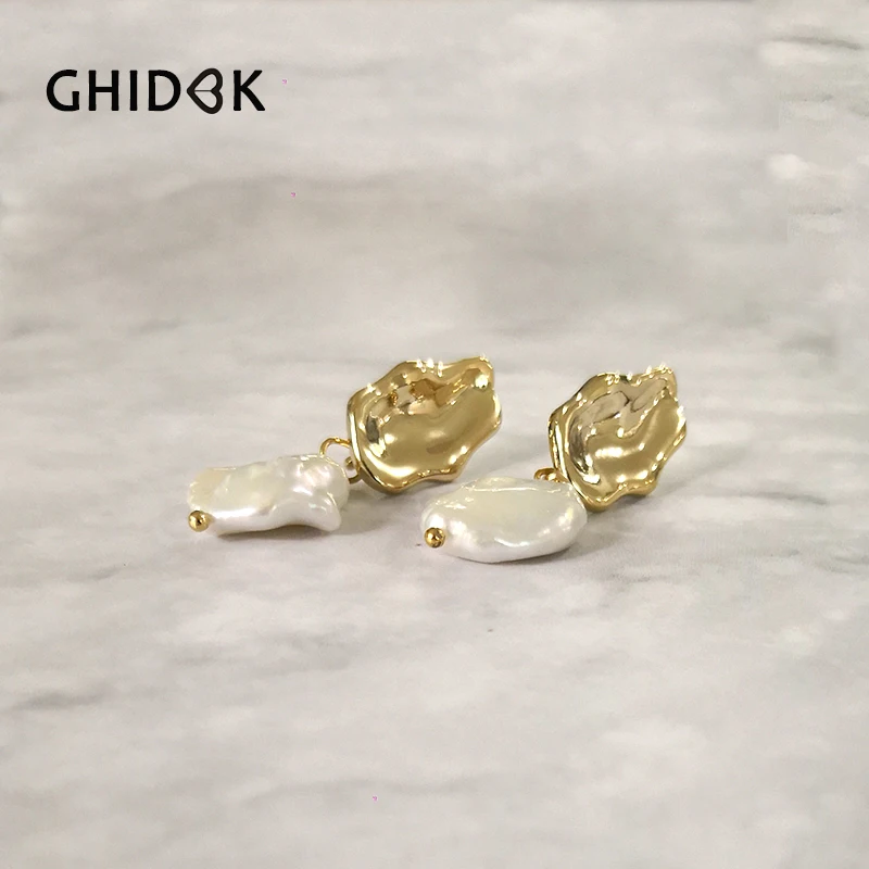 

GHIDBK Genuine Natural Freshwater Pearl Dangle Earrings Handmade Baroque White Pearls Earring Irregular Bridal Drop Earring