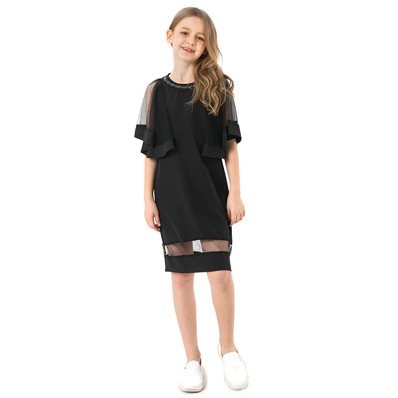 Girls Black Elegant Dress Kids Clothing 2019 Spring Teen Fashion Sleeve Chiffon A Line Casual Dresses for 8 10 12 Years Teenager | Детская
