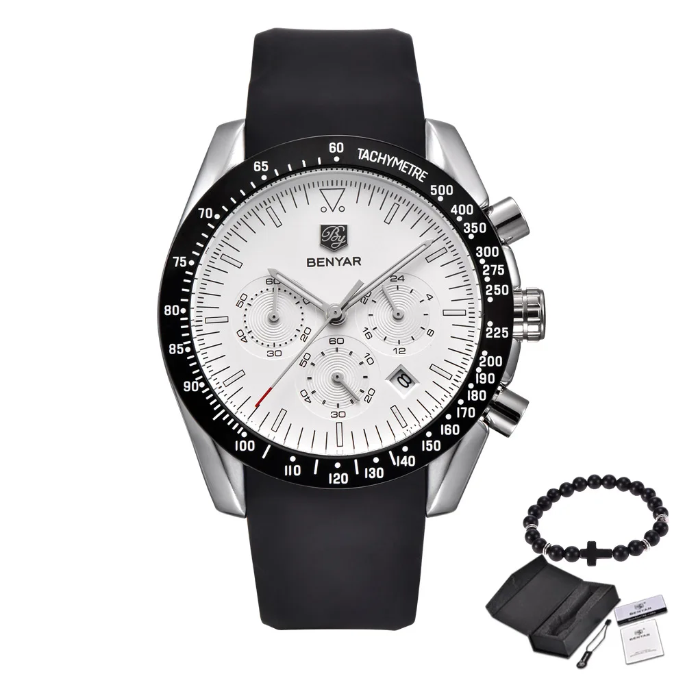 Sil Silver white Топ люксовый бренд BENYAR мужские часы спортивные бизнес Стальные кварцевые часы повседневные мужские наручные часы с хронографом Relogio Masculino - Цвет: Sil Silver white