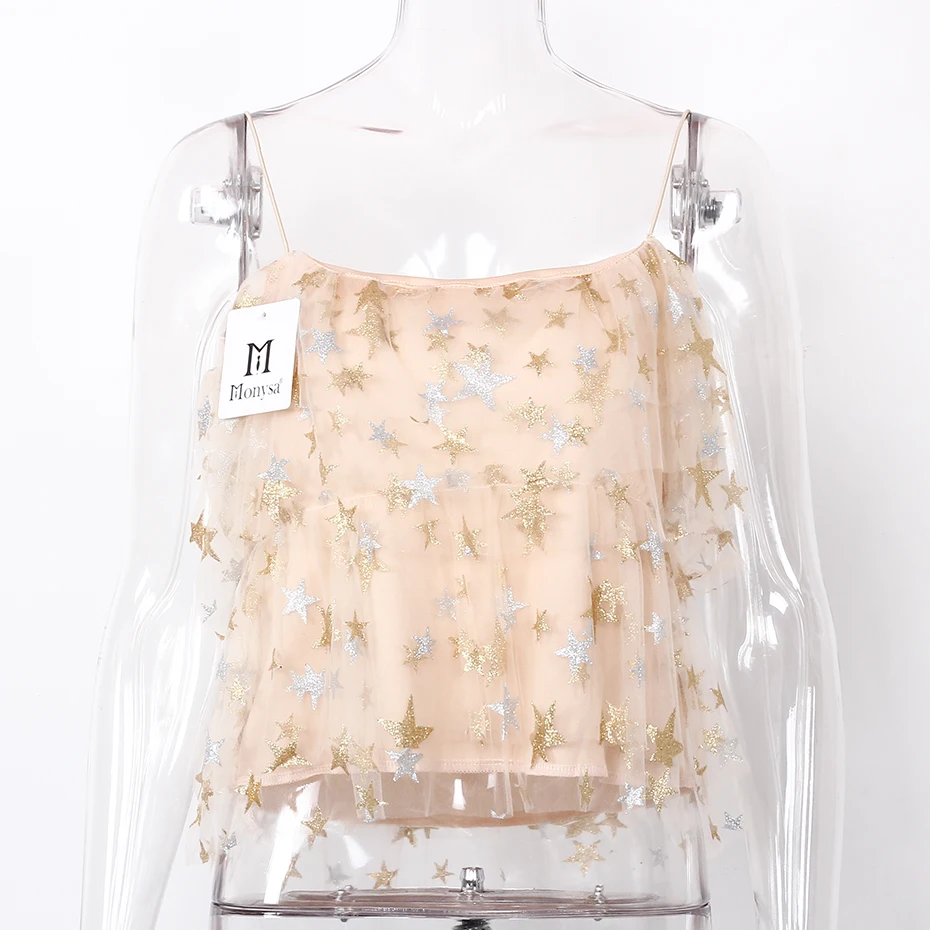Ruffle Mesh Blouse 2018 Summer New Arrivals Spaghetti Strap Sleeveless Stars Geometric Tops Ladies Streetwear Casual Blouses |